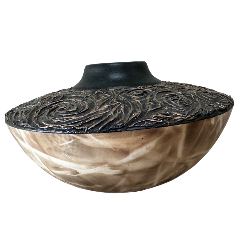 Artisan Studio Pottery Textured Swirl Vessel Signed MMV 2005 Brown Bronze Black